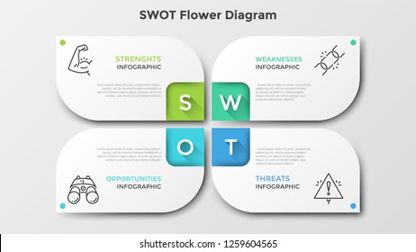 Matrix with 4 paper white petal-like elements. SWOT flower diagram. Creative infographic design template. Clean vector illustration for corporate strategic planning, business analytics presentation.