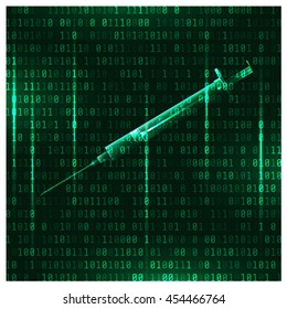 Matrix background with the green symbols and syringe. Internet Addiction Disorder. Matrix syringe. Digital drugs. Vector Art