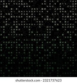 Matrix background. Random Characters of Chinese Traditional Alphabet. Gradiented pattern. Yellow green color theme backgrounds. Tileable horizontally. Captivating vector illustration.