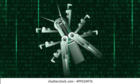 matrix bee. Mechanical bee on green background of the numeral