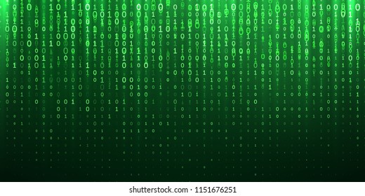 Matrix binary code green abstract background. Vector 1 and 0 bit digits fall flow in sparkling cyberspace matrix
