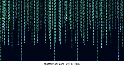 Matriz o código binario en el fondo oscuro con diferentes números verticales y luz. Gran visualización de datos. Fondo de textura digital. Ilustración vectorial.