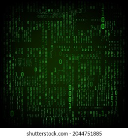 Matrix of binary numbers. Binary computer code. Green digital numbers. Futuristic or sci-fi hacker abstraction backdrop. Random numbers falling on the dark background. Vector illustration