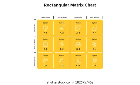 Matrix chart with 12 square cells with letters and numbers arranged in rows and columns. Table with coordinates. Simple infographic design template. Vector illustration for business data organization.