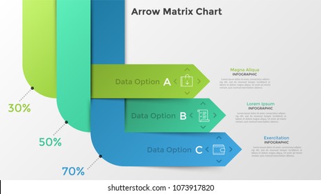 Matrix chart with 3 colorful interweaving bent arrows, linear symbols, text boxes, percentage indication. Concept of data visualization. Creative infographic design template. Vector illustration.