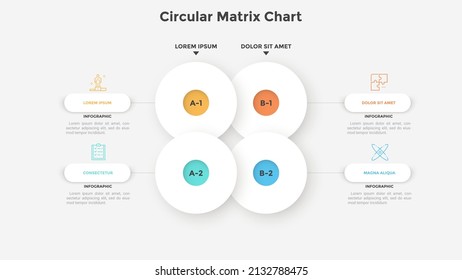 Matrix chart with 4 overlaying circular cells arranged in rows and columns. Concept of four startup project options to choose. Minimal infographic design template. Modern flat vector illustration.