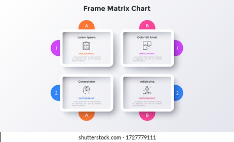 Matrix chart with 4 rectangular framed cells with letters and numbers arranged in rows and columns. Table or grid with four options. Simple infographic design template. Modern vector illustration.