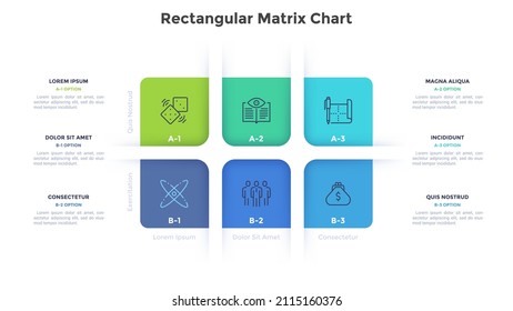 Matrix chart with 6 rectangular cells arranged in rows and columns. Concept of six business options to choose. Minimal infographic design template. Modern flat vector illustration for presentation.