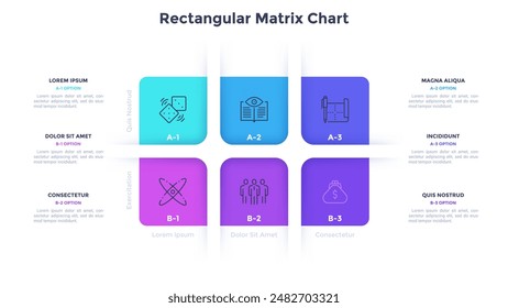 Matrix chart with 6 rectangular cells arranged in rows and columns. Concept of six business options to choose. Minimal infographic design template. Modern flat vector illustration for presentation.