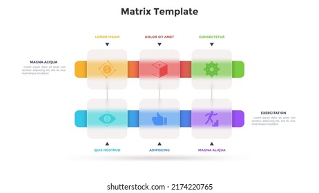 Matrix Chart With 6 Square Glass Cells Arranged In Horizontal Rows. Concept Of Six Business Options To Choose. Minimal Infographic Design Template. Modern Flat Vector Illustration For Presentation.