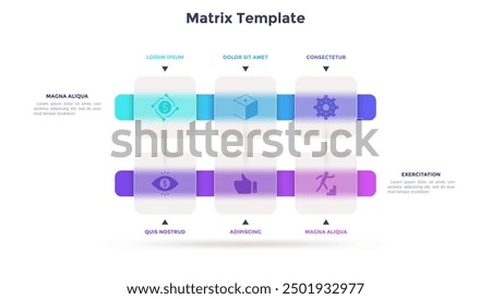 Matrix chart with 6 square glass cells arranged in horizontal rows. Concept of six business options to choose. Minimal infographic design template. Modern flat vector illustration for presentation.