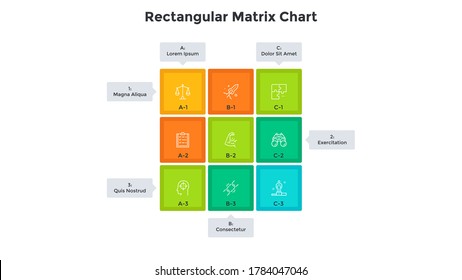 Matrix Chart With 9 Colorful Square Cells With Letters And Numbers Arranged In Rows And Columns. Table With Nine Business Options. Minimal Infographic Design Template. Modern Vector Illustration.