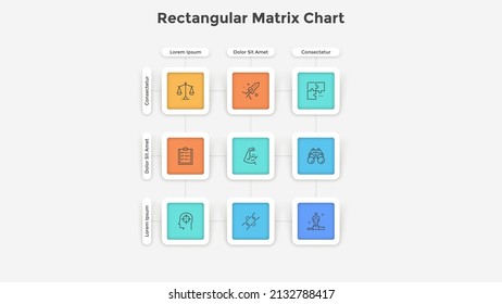 Matrix chart with 9 paper square cells arranged in rows and columns. Concept of nine business features to select. Minimal infographic design template. Modern flat vector illustration for presentation.