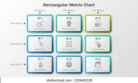 Matrix chart with 9 rectangular paper white cells arranged in rows and columns. Table with nine options to choose. Clean infographic design template. Vector illustration for business presentation.