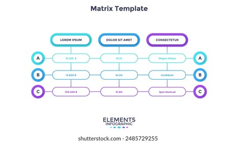 Gráfico matricial con 9 celdas redondeadas organizadas en filas y columnas y conectadas por líneas. Concepto de nueve características empresariales para seleccionar. Simple Plantilla de diseño de infografía. Moderna Ilustración vectorial plana.