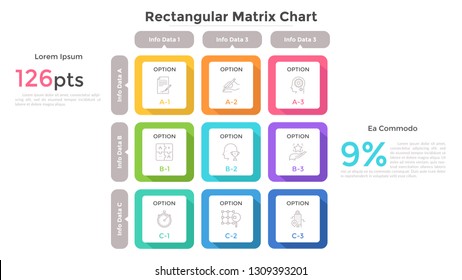 Matrix chart with 9 square cells arranged in rows and columns. Table with nine options to choose and place for text. Flat infographic design template. Vector illustration for presentation, report.