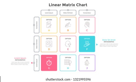 Matrix Chart With 9 Square Cells Arranged In Rows And Columns. Table With Nine Options To Choose. Infographic Design Template. Linear Vector Illustration For Visualization Of Business Information.