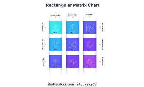 Gráfico de matriz con 9 celdas cuadradas organizadas en filas y columnas. Concepto de nueve opciones de proyecto de inicio a elegir. Simple Plantilla de diseño de infografía. Ilustración vectorial plana para análisis de datos.