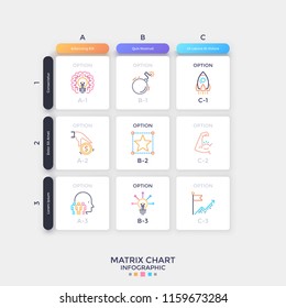 Matrix chart with rows, columns and square paper white cells with thin line pictograms inside. Concept of spreadsheet or table. Simple infographic design layout. Vector illustration for presentation.