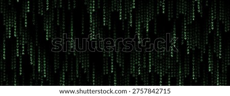 Matrix code with Japanese characters falling down. Digital rain background representation. Abstract binary system for computer security, software development and virtual reality tech concept.