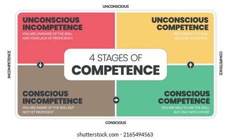 Matrix diagram of 4 stages of competence into a vector chart infographic for human resource development such as Unconsciously and Consciously Incompetent, Consciously, and Unconsciously Competent.  - Shutterstock ID 2165494563