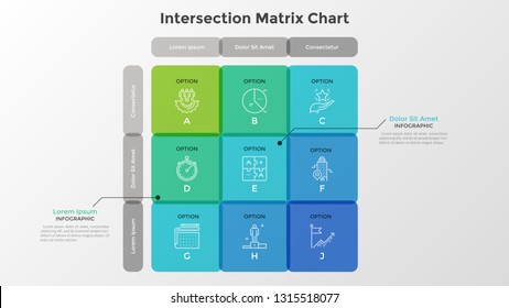 Matrix diagram with 9 intersected translucent cells arranged in rows and columns. Table or grid with nine options. Modern infographic design template. Flat vector illustration for business analysis.