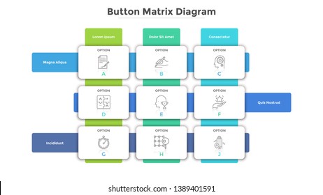 Matrix diagram with 9 paper white rectangular cells or buttons arranged in rows and columns. Table with nine options to choose. Simple infographic design template. Modern flat vector illustration. 