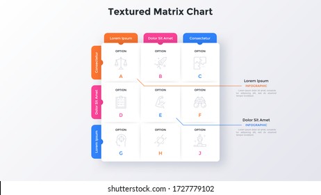 Matrix diagram with 9 paper white square cells with letters arranged in rows and columns. Table or grid with nine business options. Minimal infographic design template. Modern vector illustration.