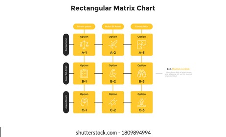 Matrix diagram with 9 square cells with letters and numbers arranged in rows and columns. Table with nine options to choose. Minimal infographic design template. Vector illustration for presentation.