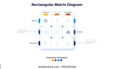 Matrix diagram with 9 square cells arranged in rows and columns. Table or scheme with nine business features to select. Corporate infographic design template. Flat vector illustration for banner.