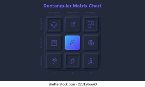 Matrix diagram with 9 square cells arranged in rows and columns and coordinates. Concept of nine features of startup project to select. Dark neon infographic design template. Vector illustration.