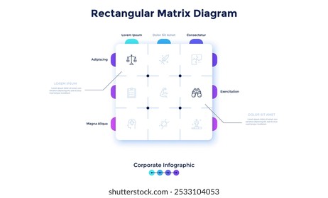 Matrix diagram with 9 square cells arranged in rows and columns. Table or scheme with nine business features to select. Corporate infographic design template. Flat vector illustration for banner.