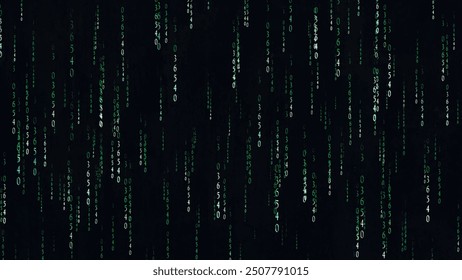 Matrix digital binary code moving down. High-tech digital binary code in matrix style. Digital rain of bright green, changing numbers on a dark background. Matrix style code background 