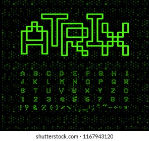 Matrix font, geometrical lines. Green digital letters on black cyberspace background. Electronic retro game alphabet.