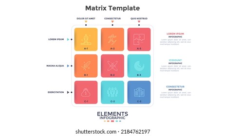 Matrix graph with 9 square colorful cells arranged in rows and columns. Concept of nine options of strategic business plan to choose. Minimal infographic design template. Flat vector illustration.