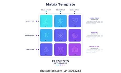 Matrix graph with 9 square colorful cells arranged in rows and columns. Concept of nine options of strategic business plan to choose. Minimal infographic design template. Flat vector illustration.