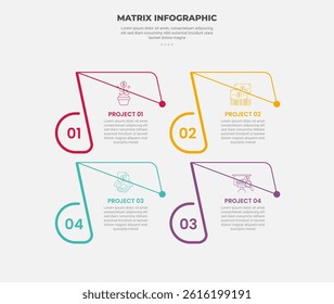 matrix grid structure infographic outline style with 4 point template with creative open box container with circle badge at edge bottom for slide presentation vector