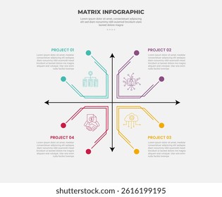 matrix grid structure infographic outline style with 4 point template with creative shape with outline and arrow axis on center for slide presentation vector