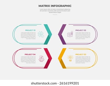 matrix grid structure infographic outline style with 4 point template with round container with arrow ribbon opposite direction for slide presentation vector