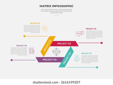matrix grid structure infographic outline style with 4 point template with long arrow structure with line pointer for slide presentation vector