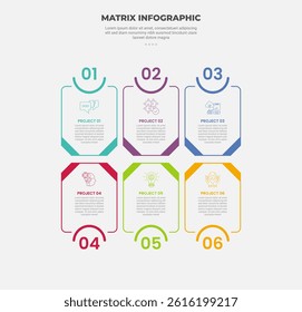 matrix grid structure infographic outline style with 6 point template with vertical box container with half circle at top for slide presentation vector