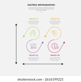 matrix grid structure infographic outline style with 4 point template with creative round circular container arrow line on axis for slide presentation vector