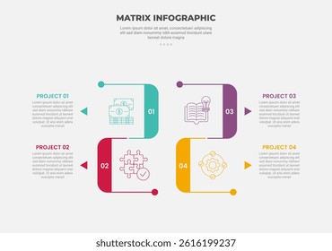 matrix grid structure infographic outline style with 4 point template with creative open box container with smooth move and opposite direction for slide presentation vector