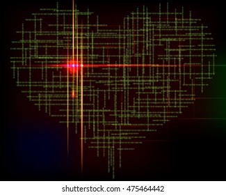 Matrix heart-abstract vector background with green symbols.