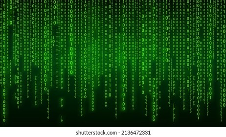 Matriz en el fondo vectorial. Código binario. Cifras verdes cayendo sobre un fondo oscuro. Concepto de programación y hackeo de ciborg.