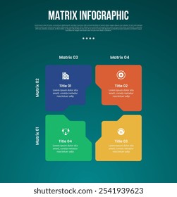 matriz estrutura dimensões modelo infográfico com grande forma e seta forma centro com 4x4 dimensão com estilo escuro para apresentação de slide vetor