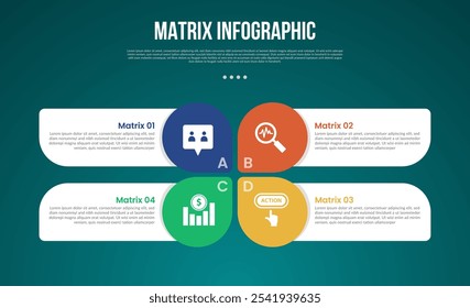 matrix structure dimensions template infographic with creative circle and round box on center base with 4x4 dimension with dark style for slide presentation vector