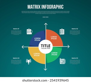 modelo de dimensões de estrutura de matriz infográfico com separador de linha de seta de círculo grande com sombra com dimensão 4x4 com estilo escuro para vetor de apresentação de slide