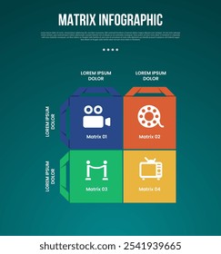 matrix structure dimensions template infographic with square box with creative accessories at edge with 4x4 dimension point with dark style for slide presentation vector