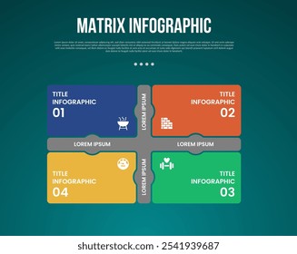 matrix structure dimensions template infographic with round box and circle connection with 4x4 point with dark style for slide presentation vector